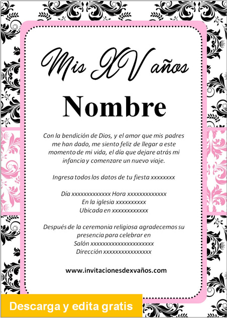 Invitación de xv años negro y rosado